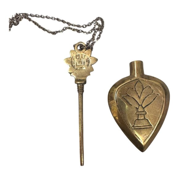 Vintage Antique Brass Perfume Scent Bottle Necklace Dabber 26” Necklace Art Deco - Picture 3 of 8